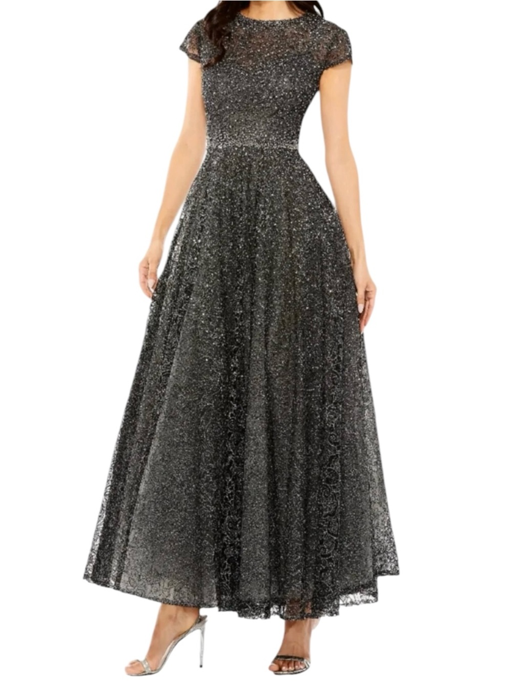 Mac Duggal 20371 Black Graphite Embellished Cap Sleeve A Line Dress Beaded NWT